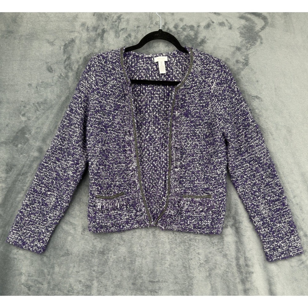 Chicos Sweater Womens Size 0 S Knit Tweed Open Front Wool Blend Cardigan Purple